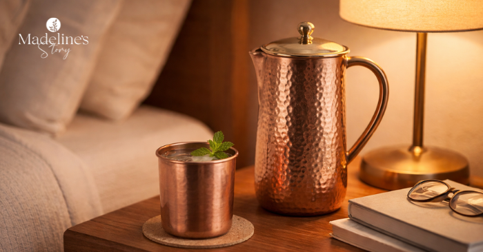 Hammered copper water jug and copper cup with mint leaves placed on a bedside table next to a book, glasses, and a warm lamp, creating a calm and mindful wellness setting.