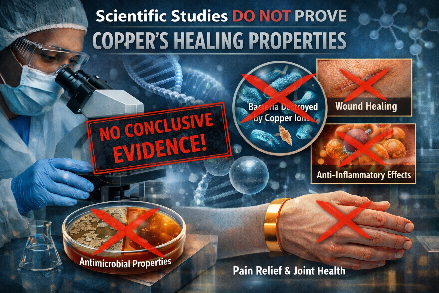 Digital infographic showing a laboratory scientist using a microscope, with visuals related to copper such as bacteria, wound healing skin, and a copper bracelet, all marked with red X symbols. The image states that scientific studies do not prove copper’s healing properties and highlights the lack of conclusive evidence.