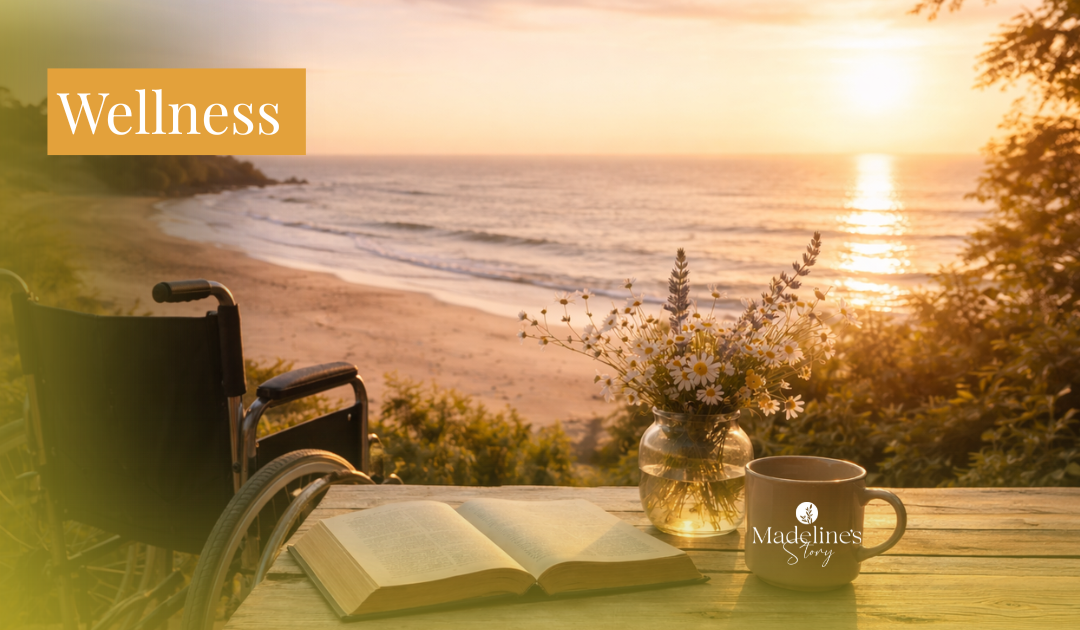 Wheelchair beside a table with an open Bible, flowers, and a cup overlooking the ocean at sunrise, symbolizing wellness, faith, and purposeful living.